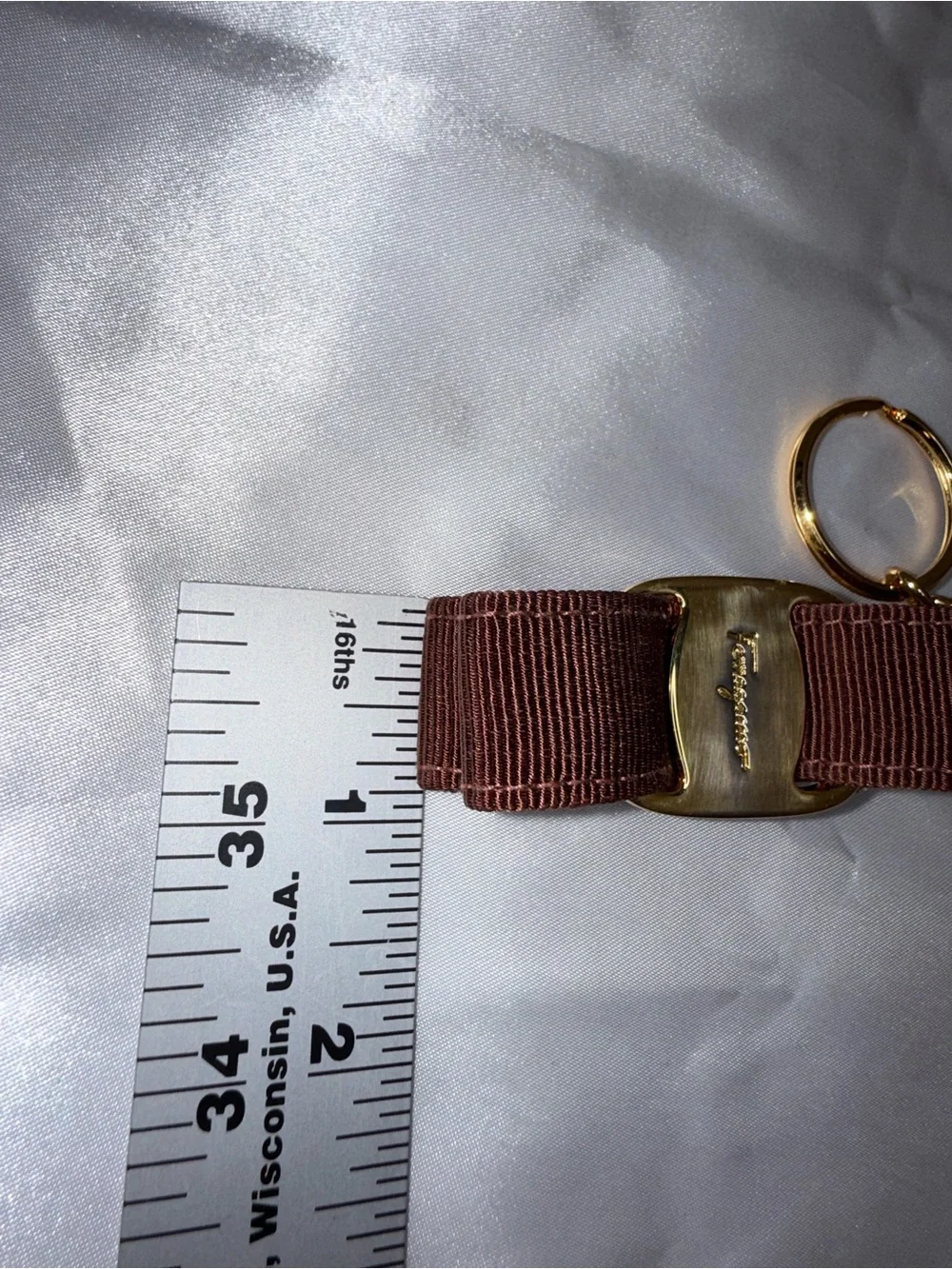 Salvatore Ferragamo Vara Bow Grosgrain Ribbon Keychain Gold Tone Made in Italy